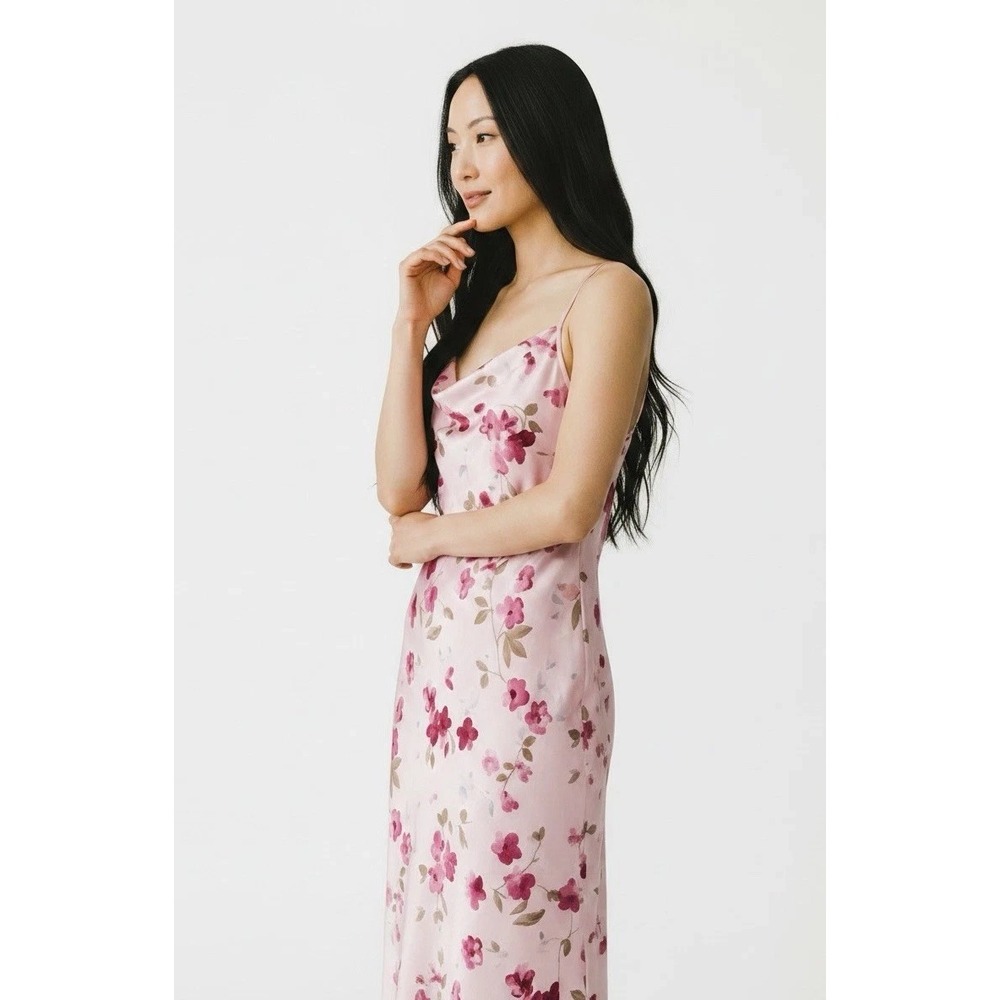 Women's Pink Purple Floral Full Slip Spaghetti Strap Midi Dress, Size XL - Y2K